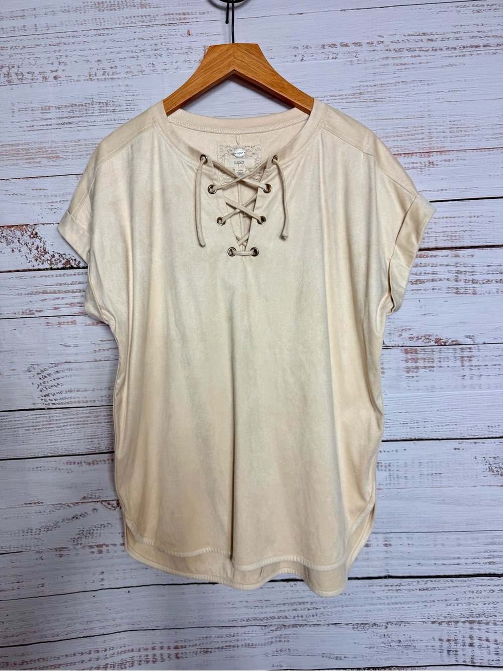 Cupio Lace-Up Short Sleeve Top in Cream